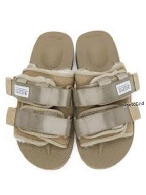 SUICOKE MOTO-Mab Shearling Lined Sandals Suede Taupe Beige Velcro Strap Unisex